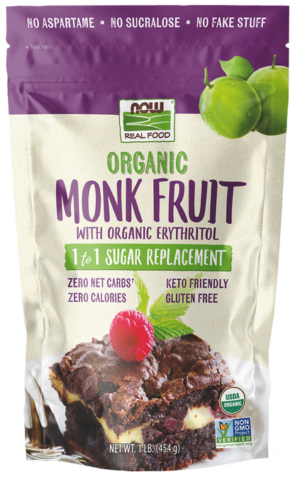 NOW Foods, Organic Monk Fruit With Erythritol, Sugar Replacement, 1 lb