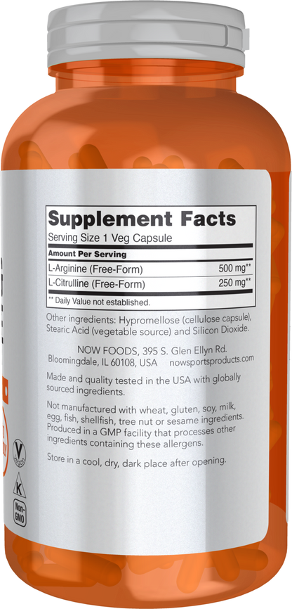NOW Sports, Arginine & Citrulline 500 mg/ 250 mg, Amino Acids, 240 Veg Caps