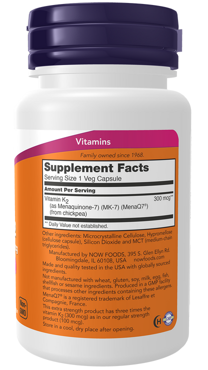 NOW Supplements, Vitamin K2 (MK-7) 300 mcg, Extra Strength, 60 Veg Caps