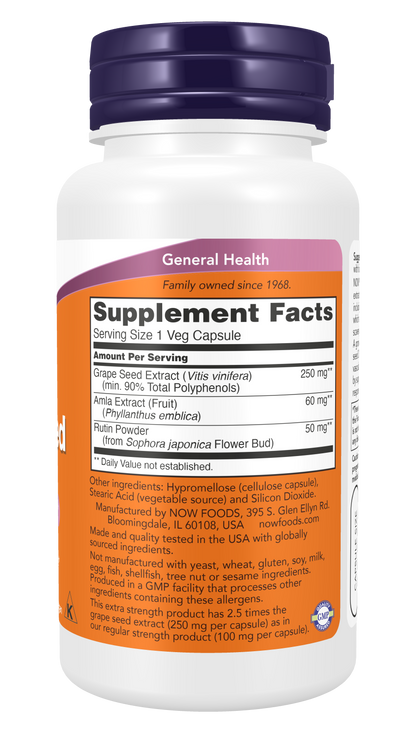 NOW Supplements, Grape Seed Extra Strength 250 mg, 90 Veg Caps