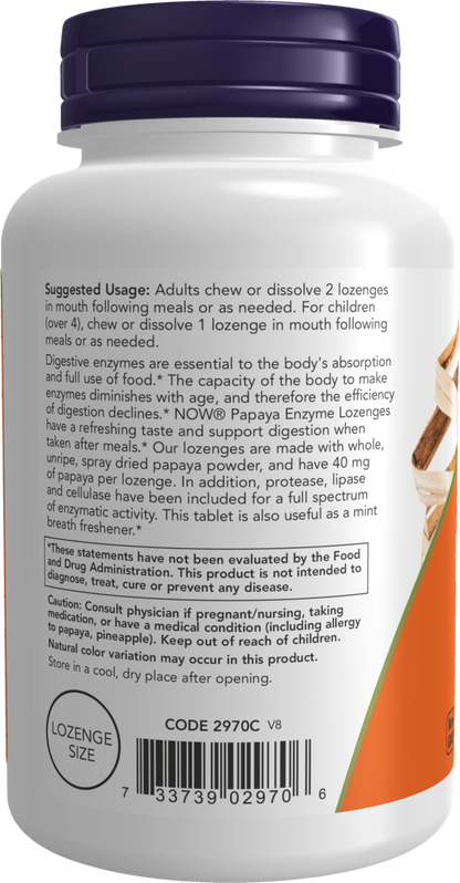 NOW Supplements, Papaya Enzyme, Mint & Chlorophyll, 180 Chewable Lozenges