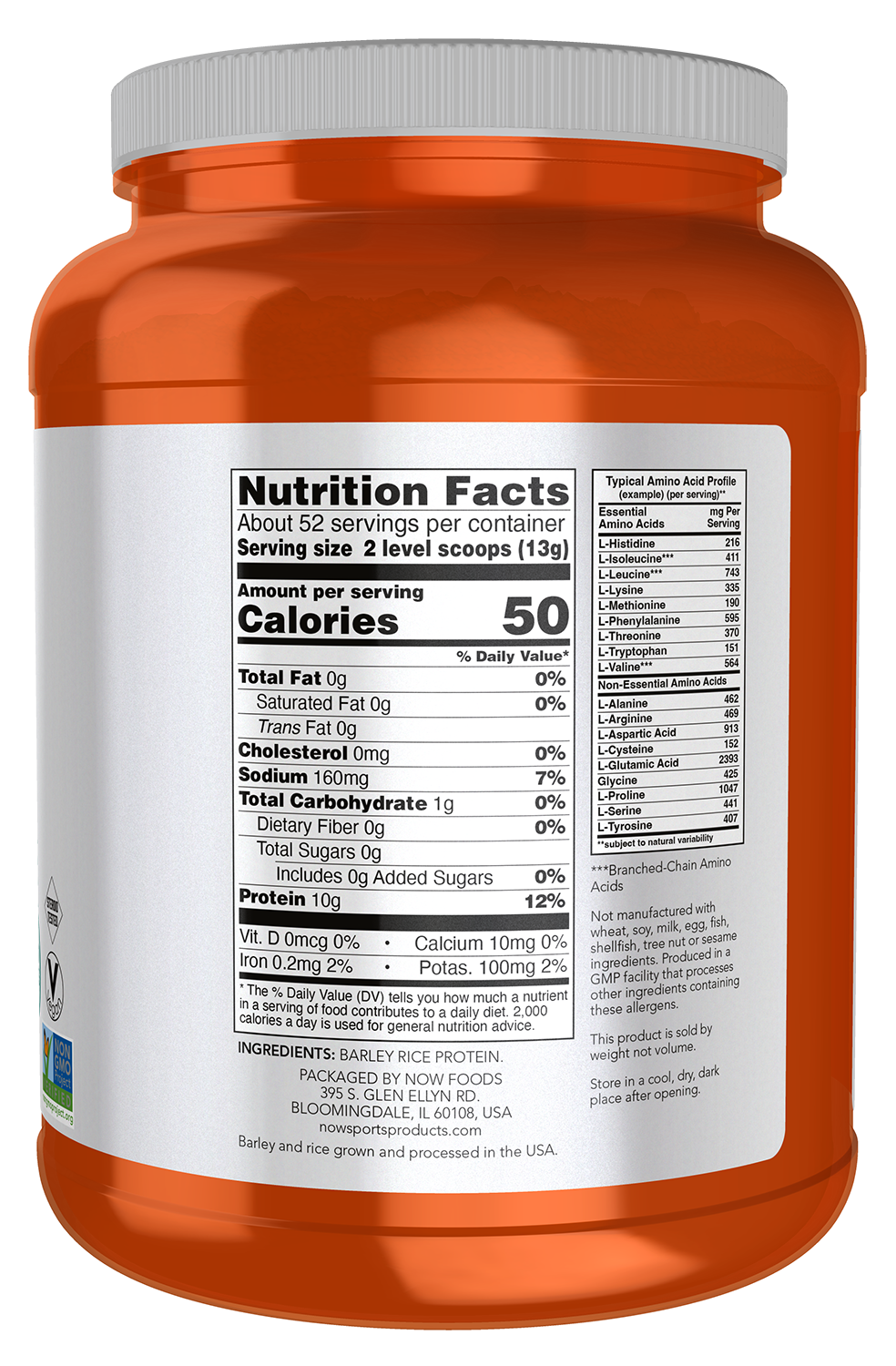 NOW Sports, Barley Rice Protein 10 g, Unflavored Powder, 1.5 lbs.