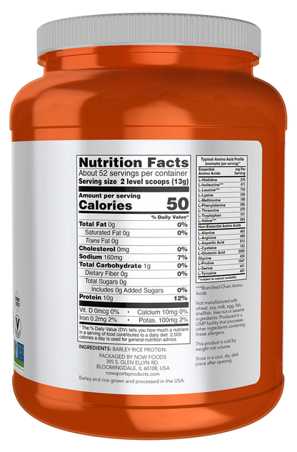 NOW Sports, Barley Rice Protein 10 g, Unflavored Powder, 1.5 lbs.