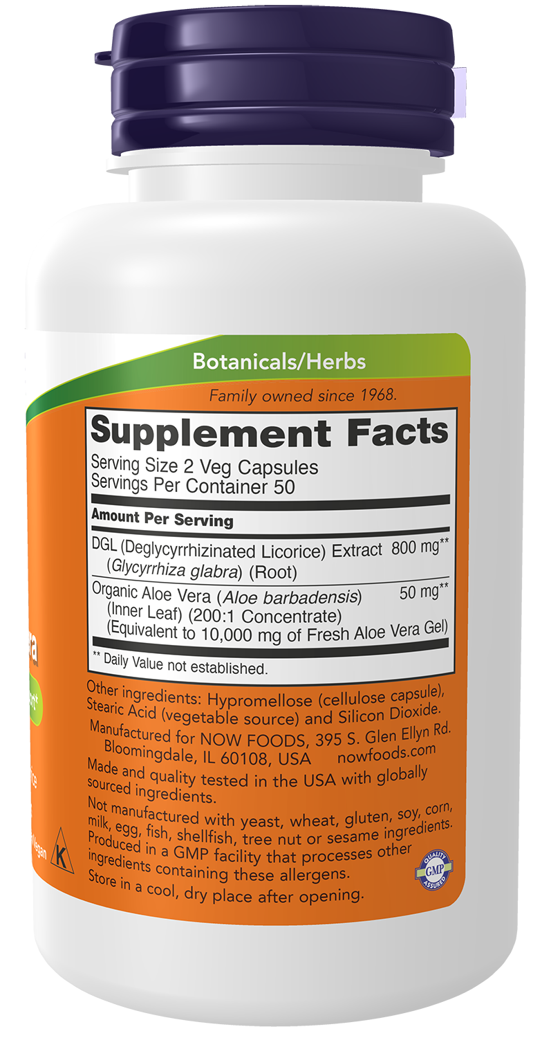 NOW Supplements, DGL with Aloe Vera, 100 Veg Caps