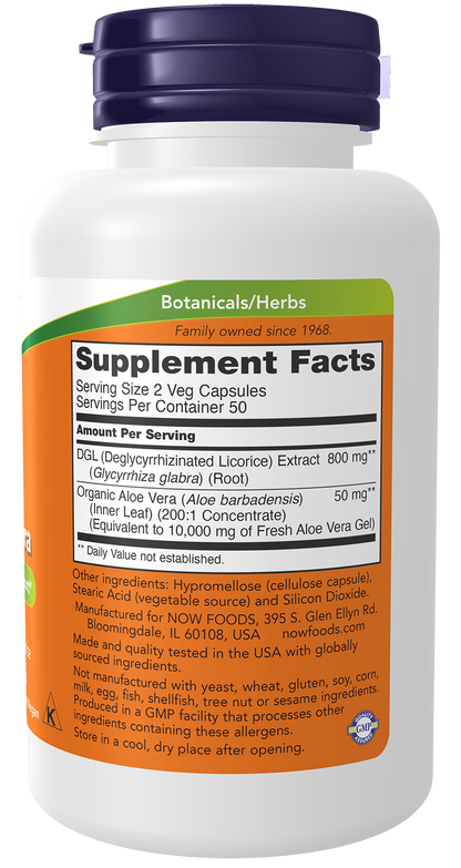 NOW Supplements, DGL with Aloe Vera, 100 Veg Caps