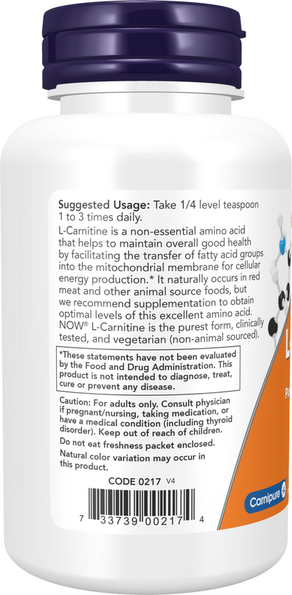 NOW Supplements, L-Carnitine Pure Powder, Amino Acid, 3-oz