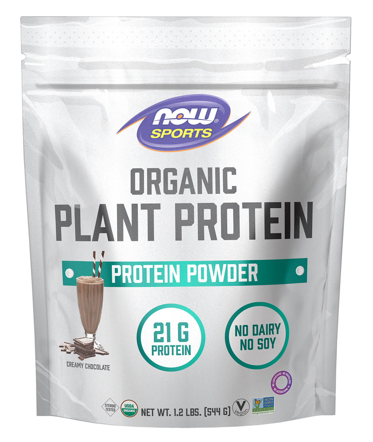 NOW Sports Organic Plant Protein 21 g, Chocolate, Vegan Powder, 1.2 lbs