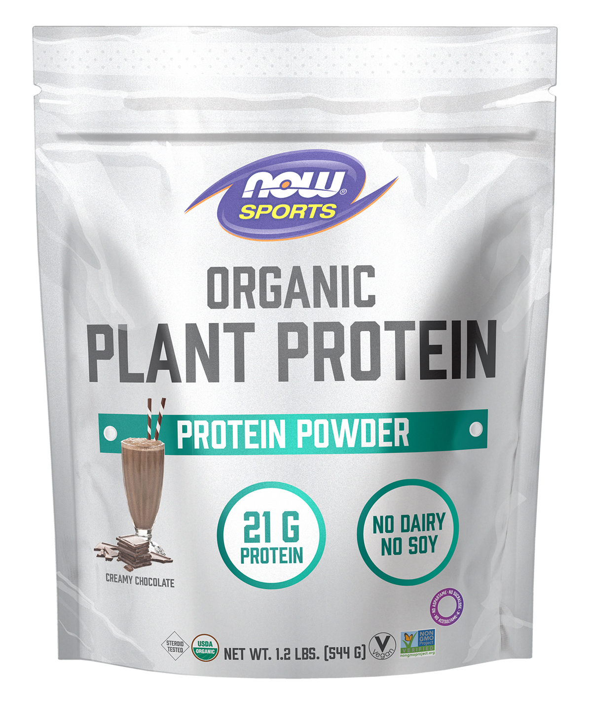 NOW Sports Organic Plant Protein 21 g, Chocolate, Vegan Powder, 1.2 lbs