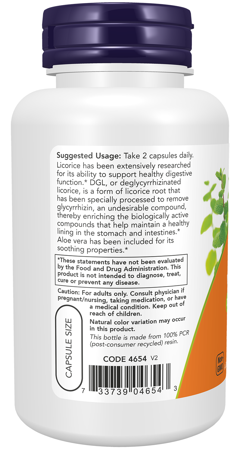 NOW Supplements, DGL with Aloe Vera, 100 Veg Caps