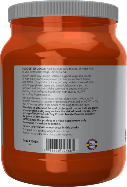 NOW Sports, Soy Protein Isolate 20g, Unflavored Powder, 1.2 lbs
