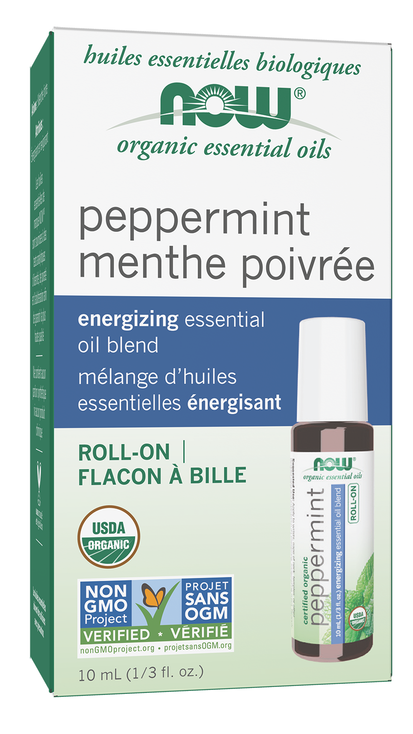 NOW Essential Oils, Organic Peppermint Energizing Roll-On, 10 mL