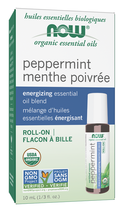 NOW Essential Oils, Organic Peppermint Energizing Roll-On, 10 mL