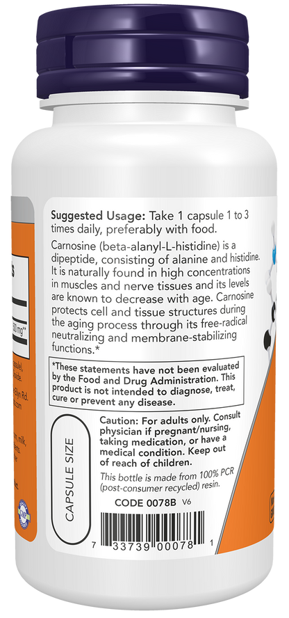 NOW Supplements, L-Carnosine 500 mg, Healthy Aging*, 50 Veg Caps