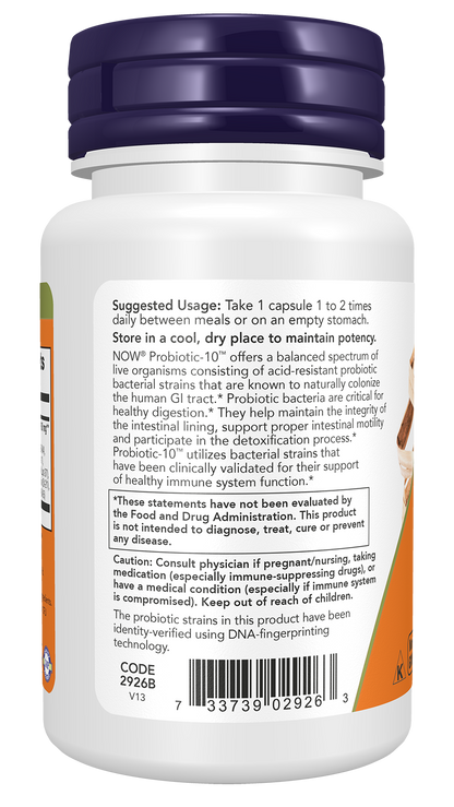 NOW Supplements, Probiotic-10™, 25 Billion, with 10 Probiotic Strains, Dairy, Soy and Gluten Free, Strain Verified, 50 Veg Capsules