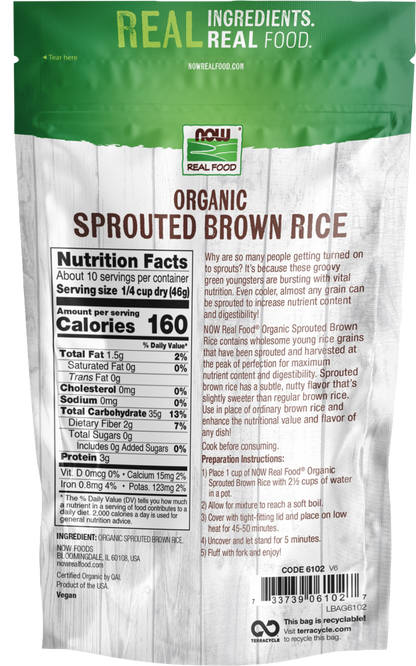 NOW Foods, Organic Sprouted Brown Rice, Raw, Gluten-Free, 16 oz
