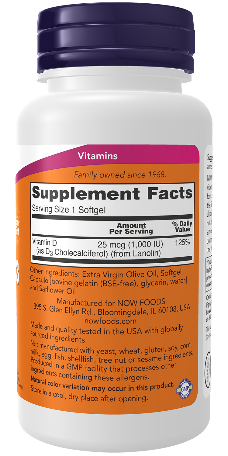 NOW Supplements, Vitamin D-3 1,000 IU, Structural Support*, 360 Softgels