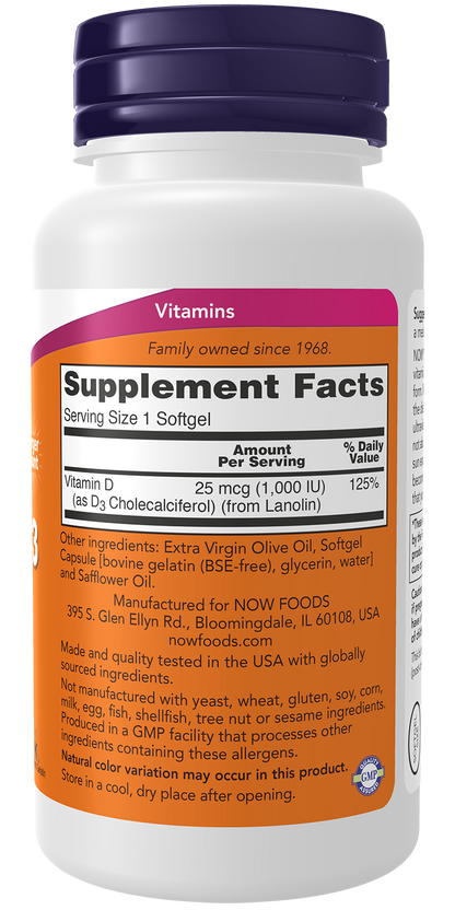 NOW Supplements, Vitamin D-3 1,000 IU, Structural Support*, 360 Softgels