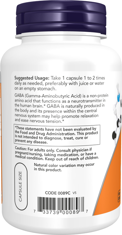 NOW Supplements, GABA 750mg, Cognitive Support*, 100 Veg Caps