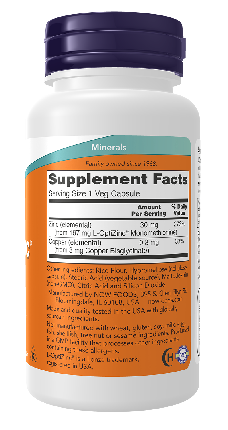 NOW Supplements, L-OptiZinc® 30 mg with Copper, 100 Veg Caps