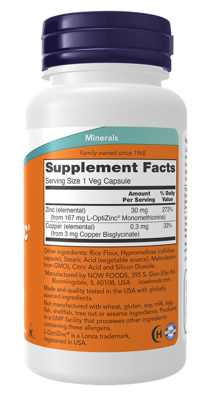 NOW Supplements, L-OptiZinc® 30 mg with Copper, 100 Veg Caps