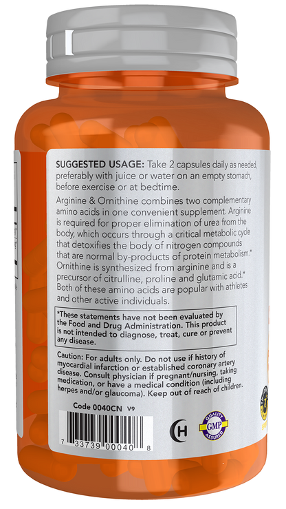 NOW Sports, Arginine & Ornithine 500/250 mg, Amino Acids, 100 Veg Caps