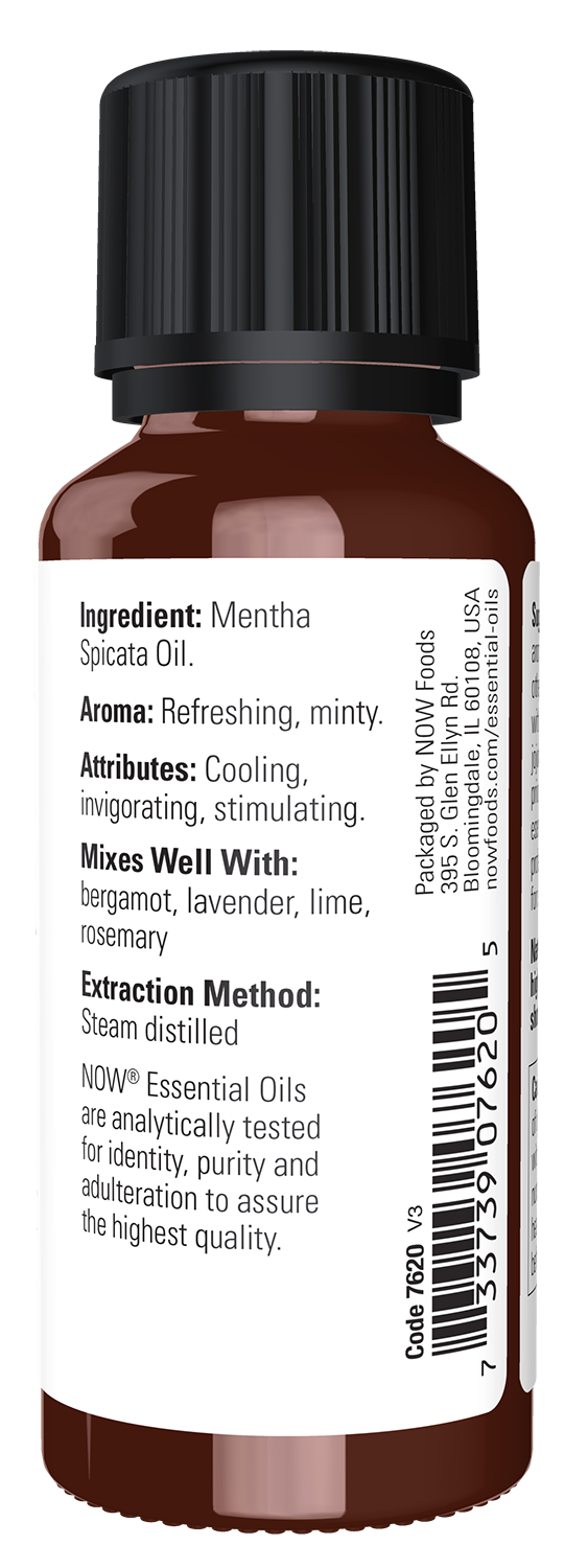 NOW Essential Oils, Spearmint Oil, Undiluted, Steam Distilled, 1 fl. oz