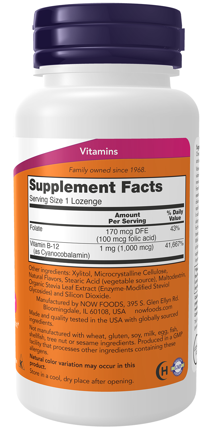NOW Supplements, Vitamin B-12 1,000 mcg w Folic Acid, 250 Chewable Lozenges