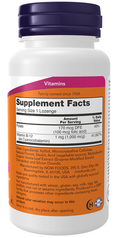 NOW Supplements, Vitamin B-12 1,000 mcg w Folic Acid, 250 Chewable Lozenges