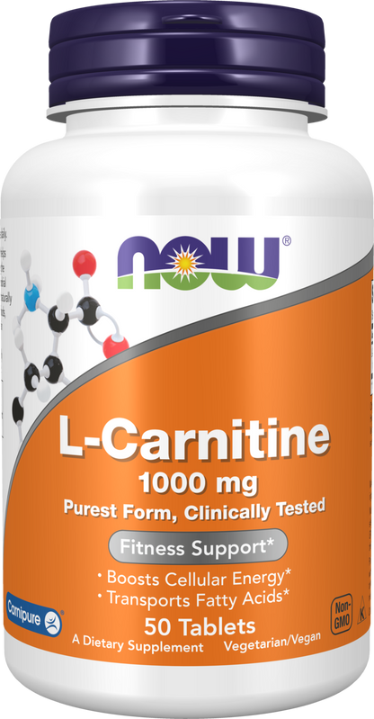 NOW Supplements, L-Carnitine 1,000 mg, Purest Form, Amino Acid, 50 Tabs