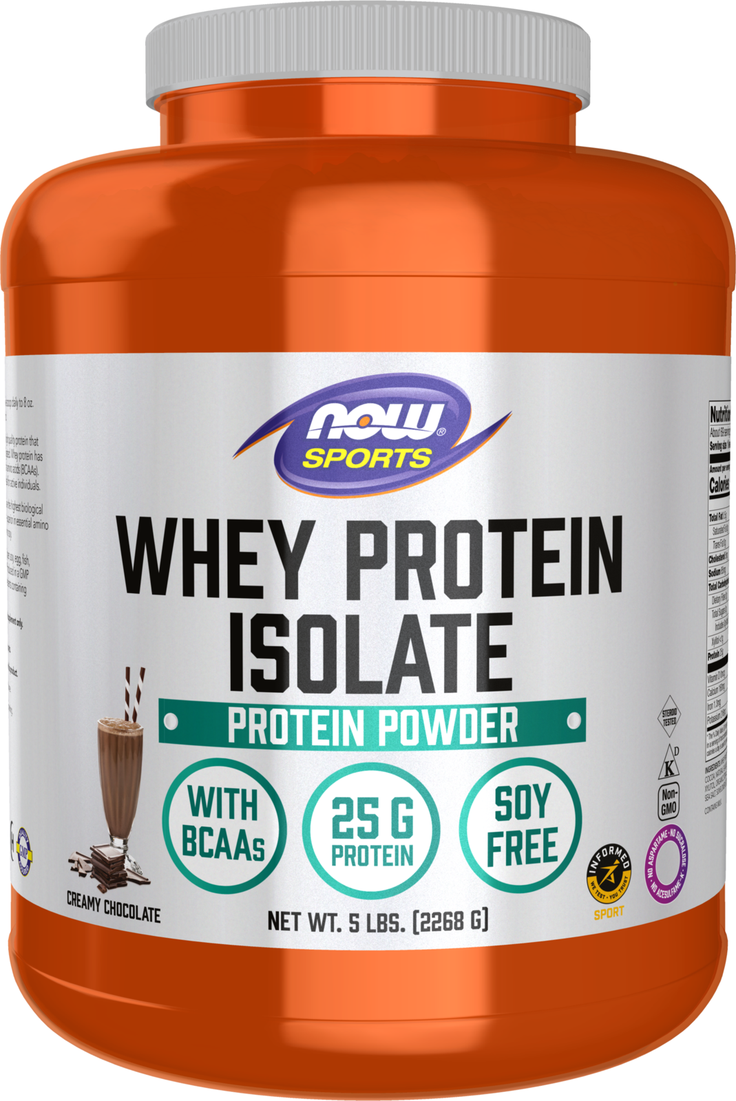 NOW Sports, Whey Protein Isolate 25 g With BCAAs, Chocolate Flavor, 5 lbs
