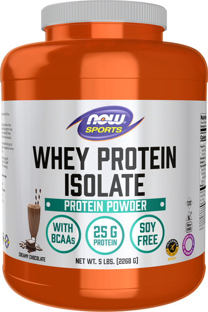 NOW Sports, Whey Protein Isolate 25 g With BCAAs, Chocolate Flavor, 5 lbs