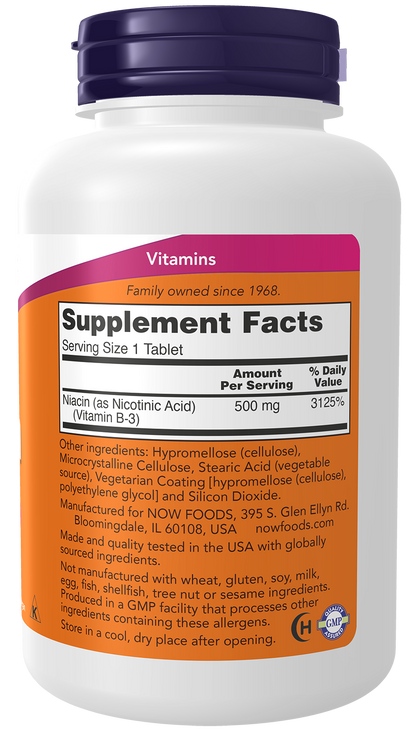 NOW Supplements, Niacin (Vitamin B-3) 500 mg, Sustained Release,250 Tabs