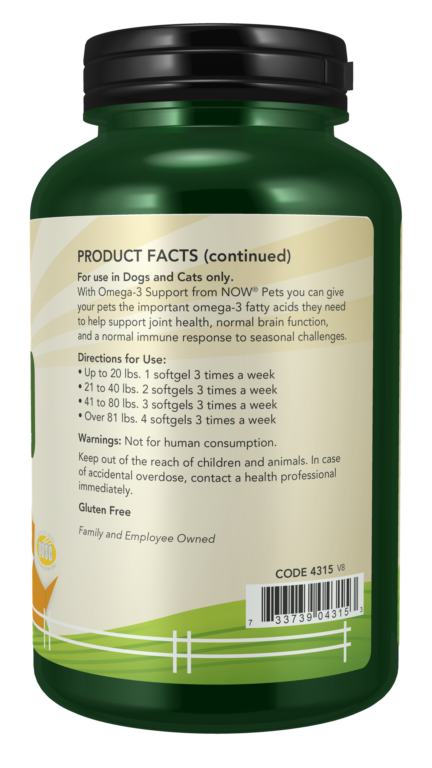 NOW Pet Health, Omega 3 Supplement, For Cats & Dogs, 180 Softgels