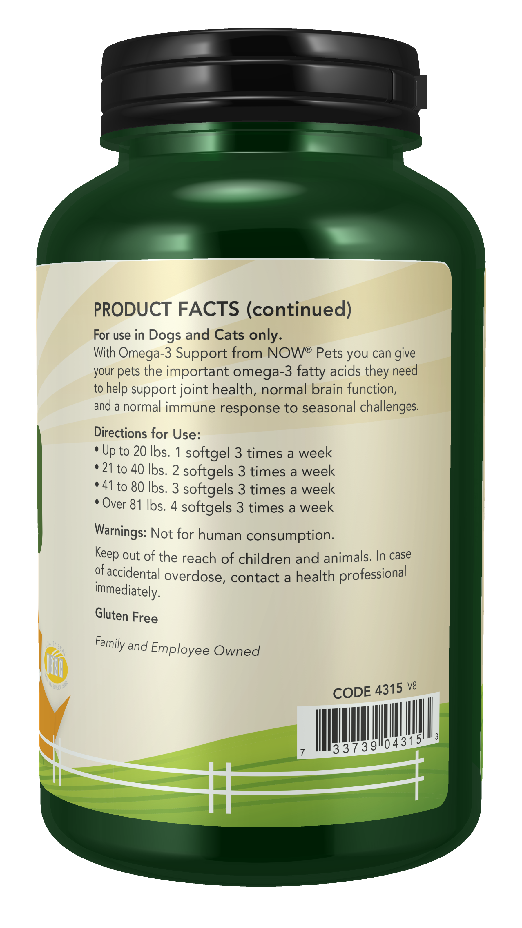 NOW Pet Health, Omega 3 Supplement, For Cats & Dogs, 180 Softgels