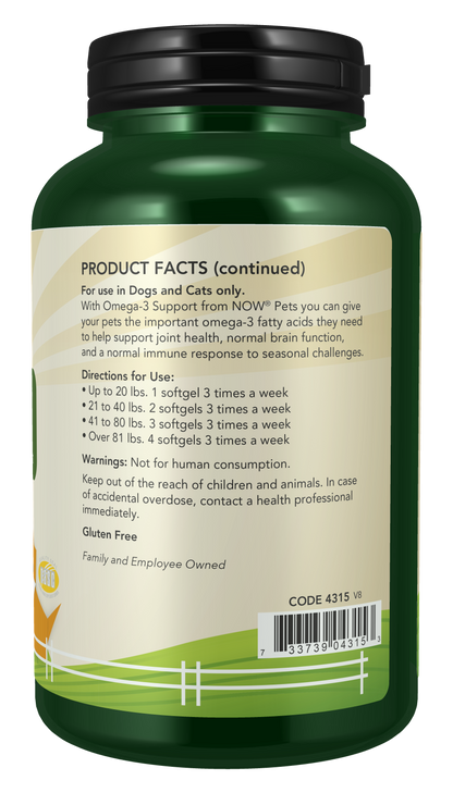 NOW Pet Health, Omega 3 Supplement, For Cats & Dogs, 180 Softgels