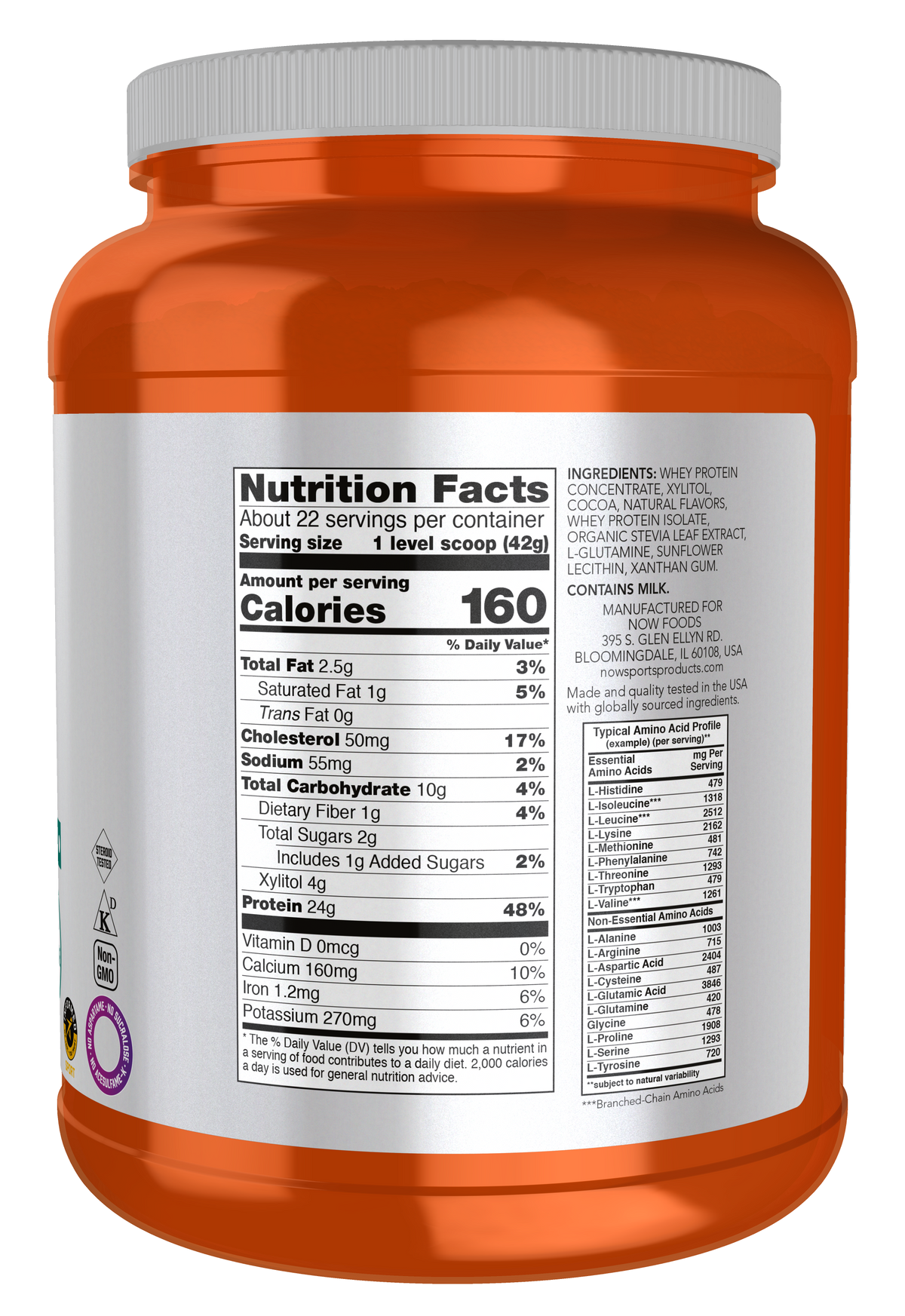 NOW Sports, Whey Protein 24 g With BCAAs, Creamy Chocolate Flavor, 2 lbs