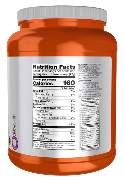 NOW Sports, Whey Protein 24 g With BCAAs, Creamy Chocolate Flavor, 2 lbs