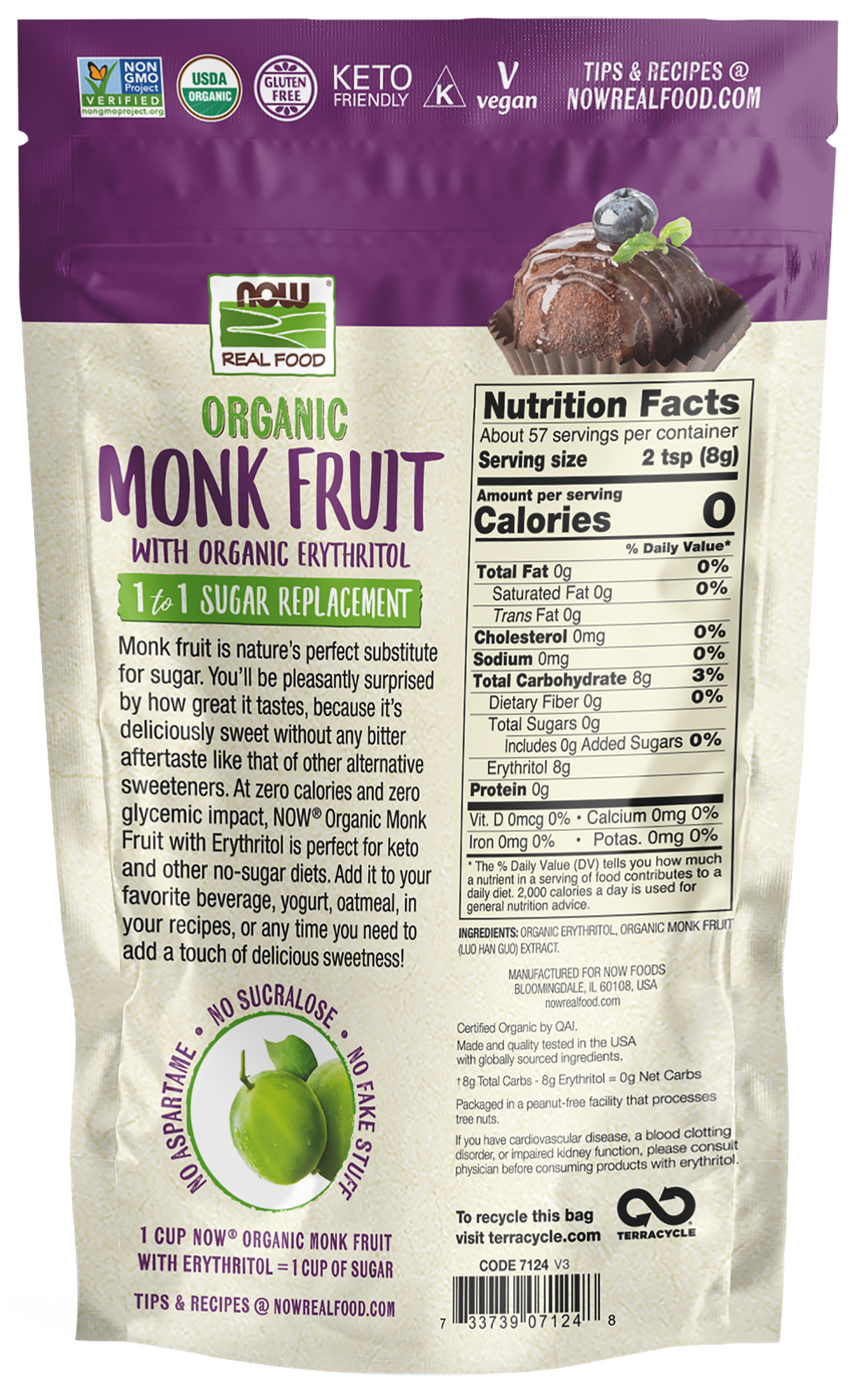 NOW Foods, Organic Monk Fruit With Erythritol, Sugar Replacement, 1 lb