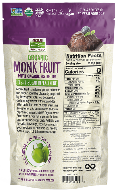NOW Foods, Organic Monk Fruit With Erythritol, Sugar Replacement, 1 lb
