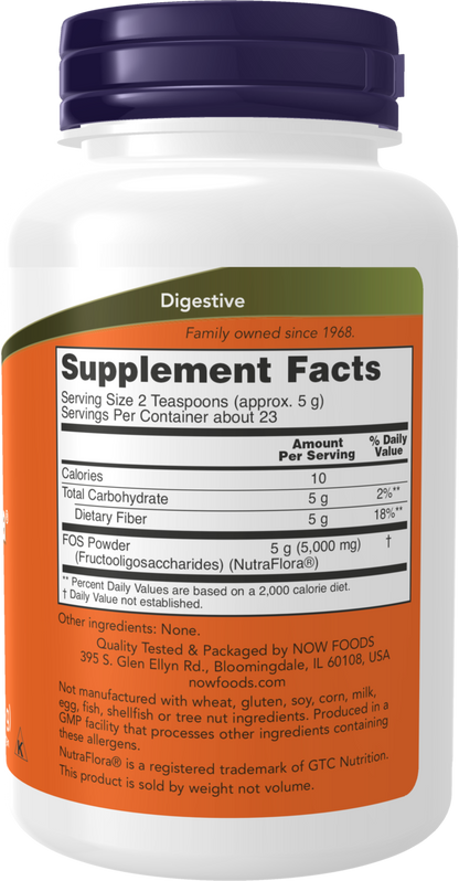 NOW Supplements, NutraFlora FOS Pure Powder, Prebiotic Fiber, 4 oz