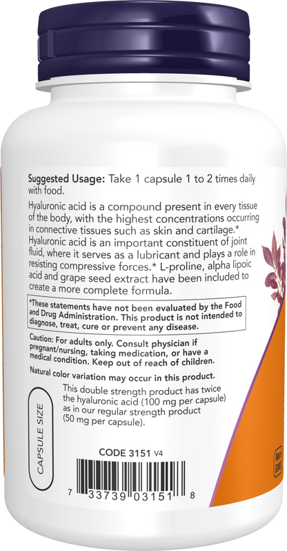 NOW Supplements, Hyaluronic Acid 100 mg, Double Strength, 120 Veg Caps