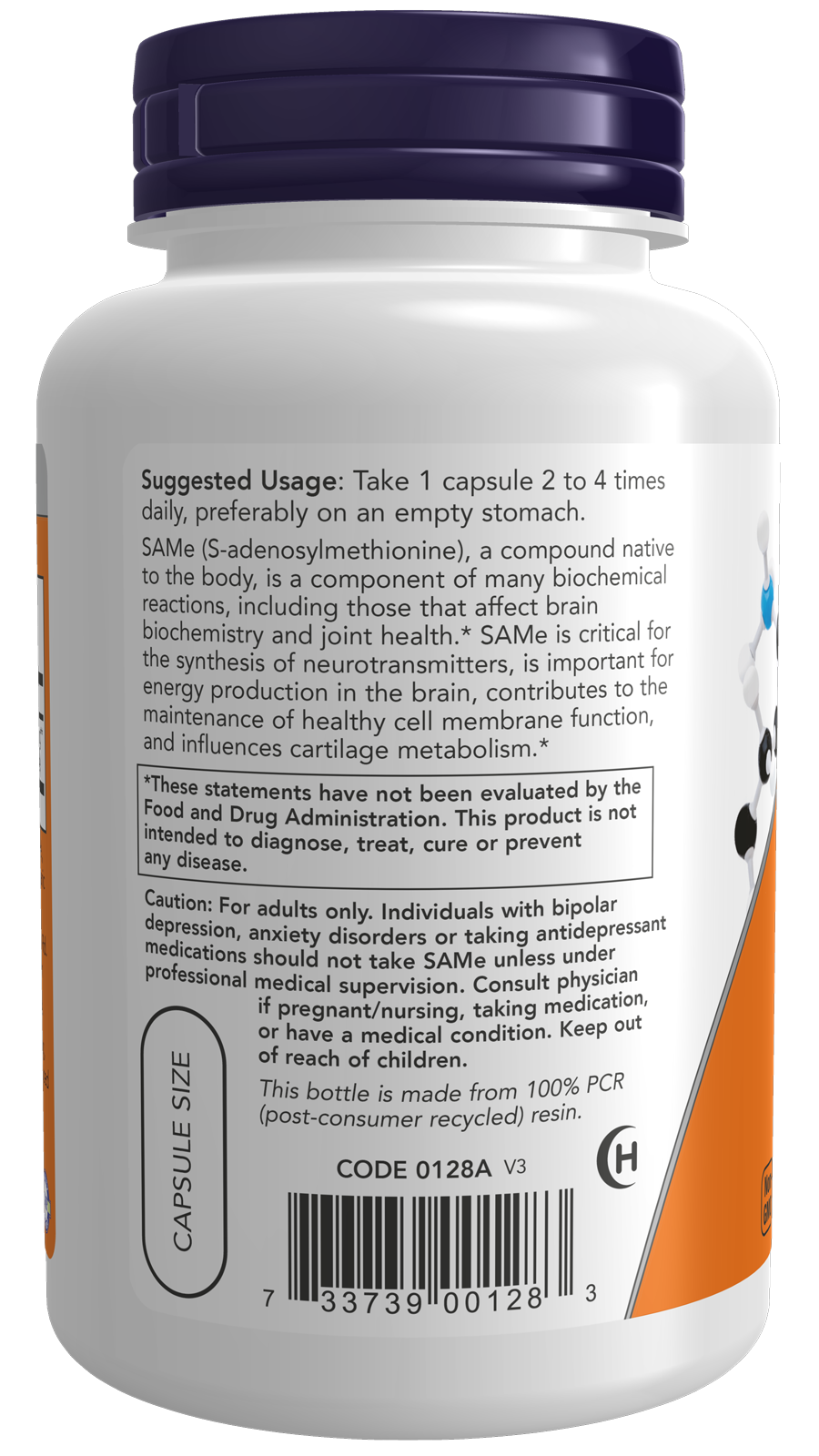 NOW Supplements, SAMe 200 mg, Nervous System Support*, 120 Veg Caps