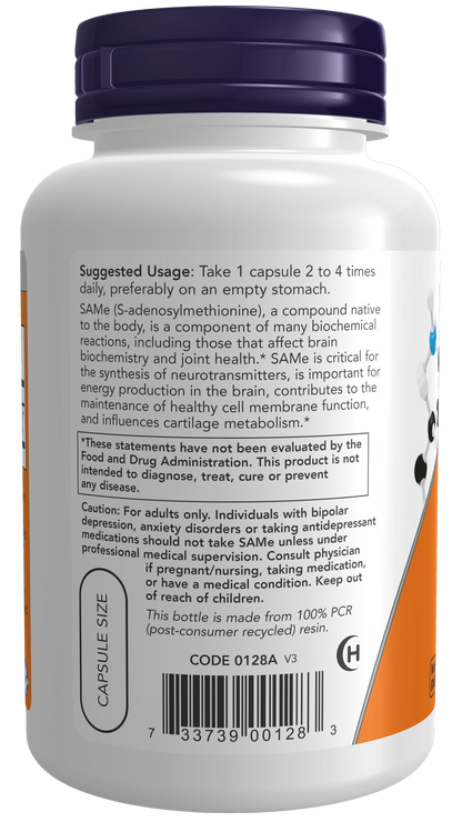 NOW Supplements, SAMe 200 mg, Nervous System Support*, 120 Veg Caps