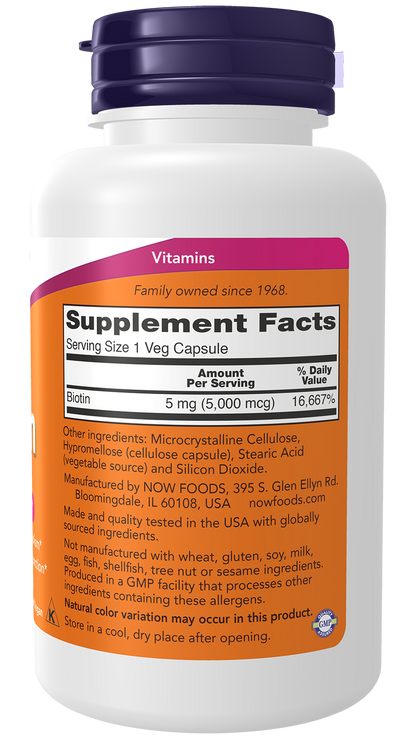 NOW Supplements, Biotin 5,000 mcg, Amino Acid Metabolism*, 120 Veg Caps