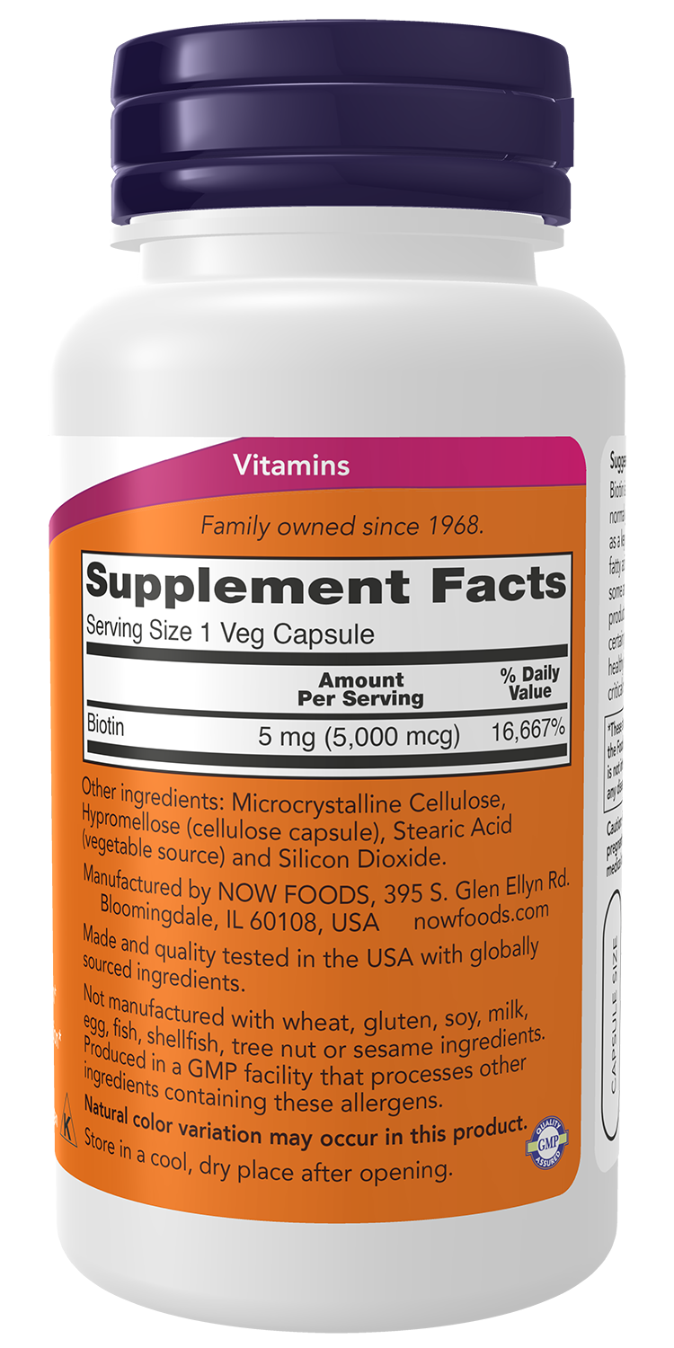 NOW Supplements, Biotin 5,000 mcg, Amino Acid Metabolism*, 60 Veg Caps