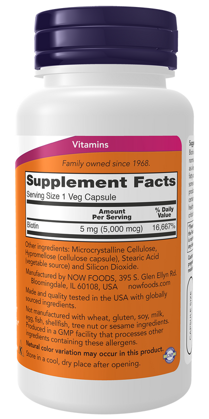 NOW Supplements, Biotin 5,000 mcg, Amino Acid Metabolism*, 60 Veg Caps