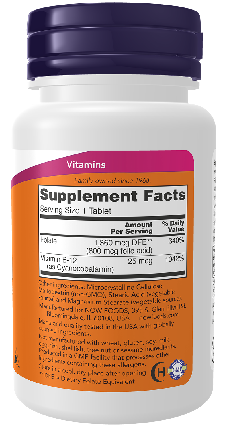 NOW Supplements, Folic Acid 800 mcg + B-12 25 mcg, B-Complex Vit, 250 Tabs