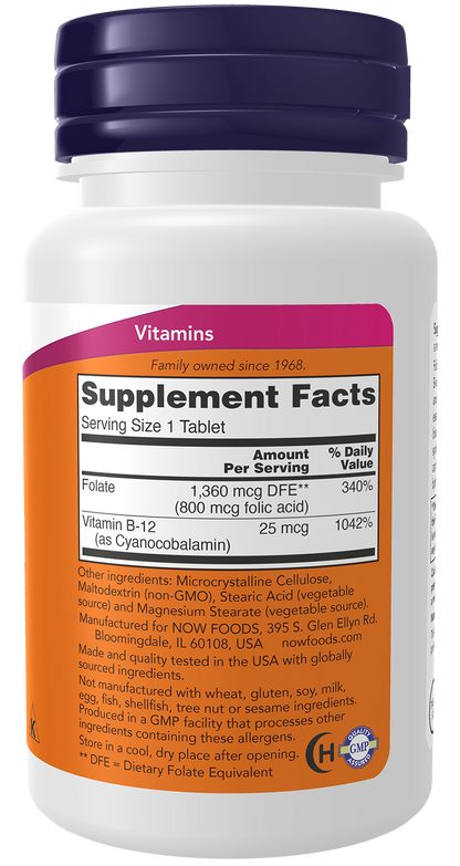 NOW Supplements, Folic Acid 800 mcg + B-12 25 mcg, B-Complex Vit, 250 Tabs
