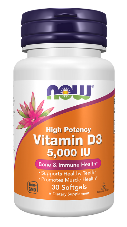 NOW Supplements, Vitamin D3 5,000 IU, Structural Support*, 30 Softgels