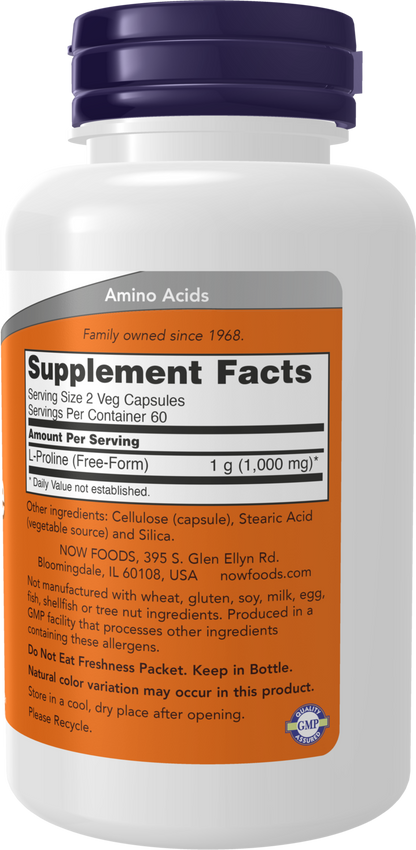 NOW Supplements, L-Proline 500 mg, Collagen Production*, 120 Veg Caps